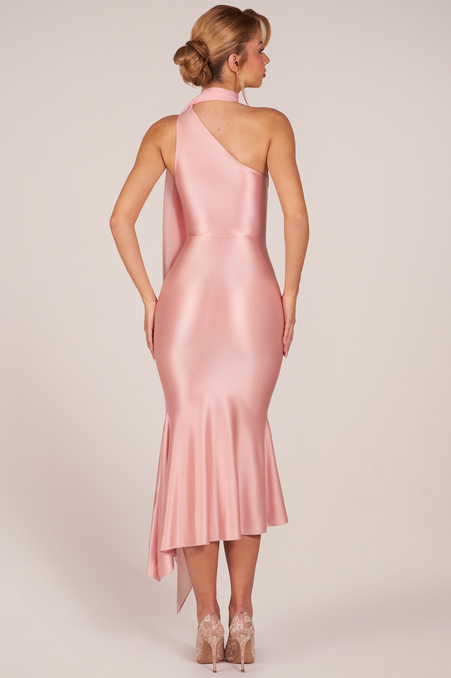 Scarf-Detail Midaxi Dress in Blush Pink